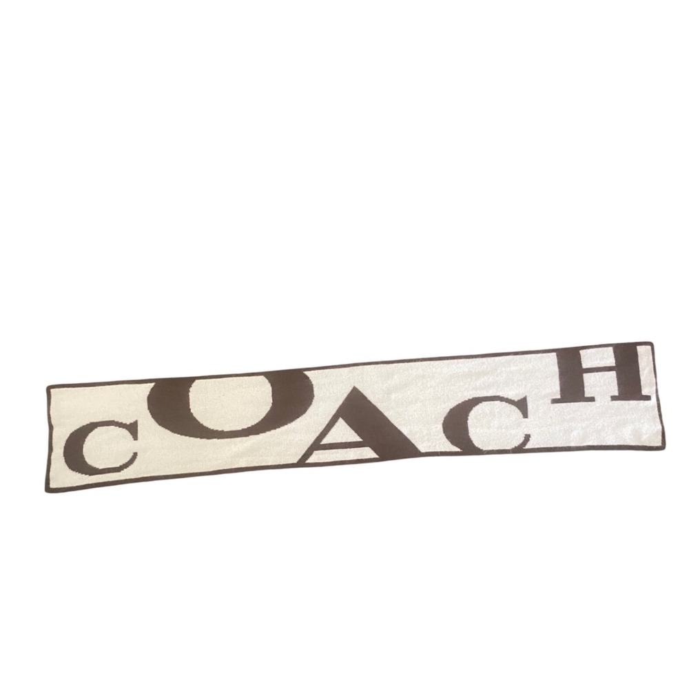 Coach Brown Cream Wool Cashmere Angora Blend Oversized Logo Knit Winter Scarf
